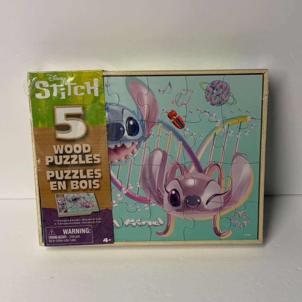 Disney Stitch 5 Wood Puzzles Set with Storage Tray Spin Master New Lilo & Angel